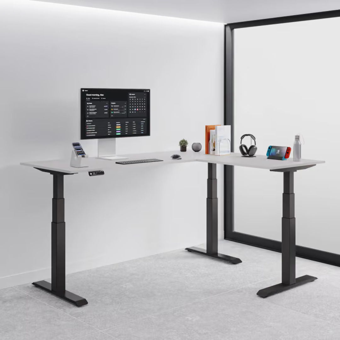 Navodesk Studio Electric L-Shaped Smart Standing Desk Top 70+30inch, Corner Height Adjustable Desk with Right Hand Return, White Desktop & Black Frame