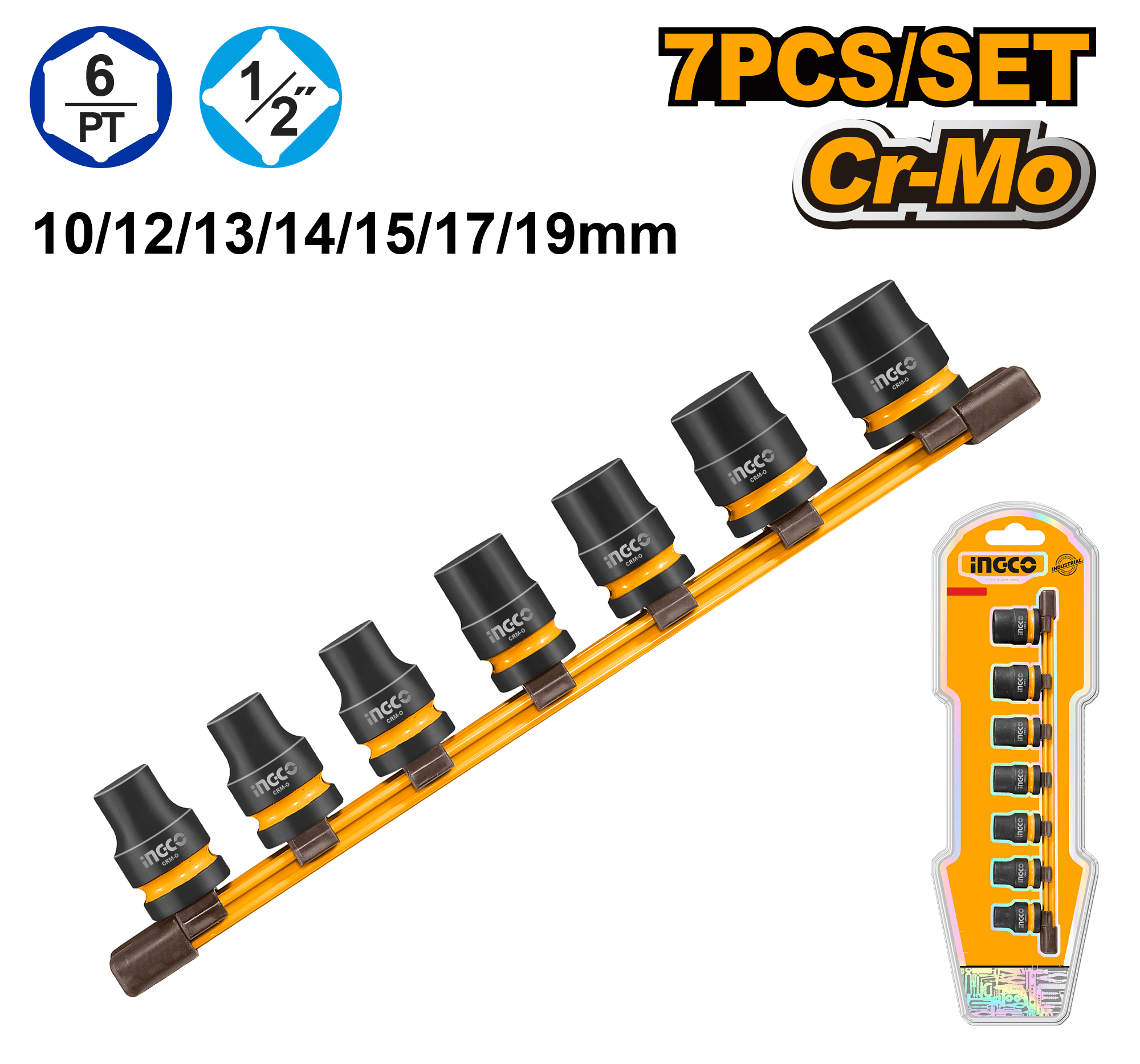 INGCO 7-Pieces Impact Socket Set 1/2 Inch 10-19mm Cr-Mo Steel