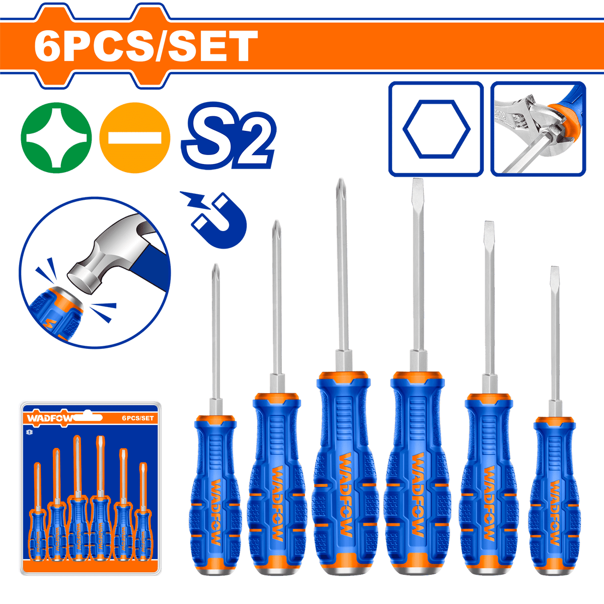 WADFOW 6 Piece Go-Through Screwdriver Set, S2 Steel, Hex Shank, Magnetic Tips, SL & PH, Double Blister