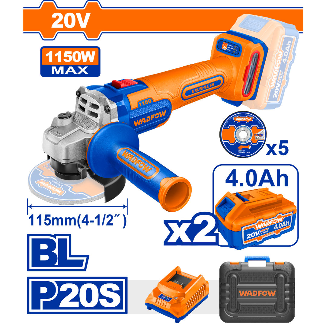 WADFOW Cordless Angle Grinder 20V, Brushless, Ø115 mm Disc, M14 Spindle