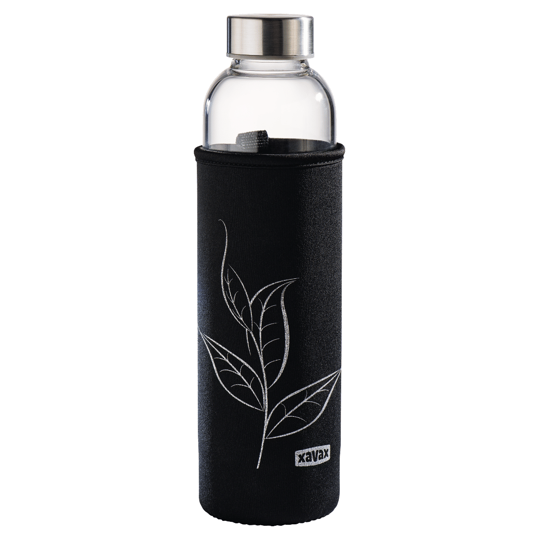 XAVAX 111233 Glass Drinking Bottle with Sieve and Neoprene Sleeve, 500 ml, black