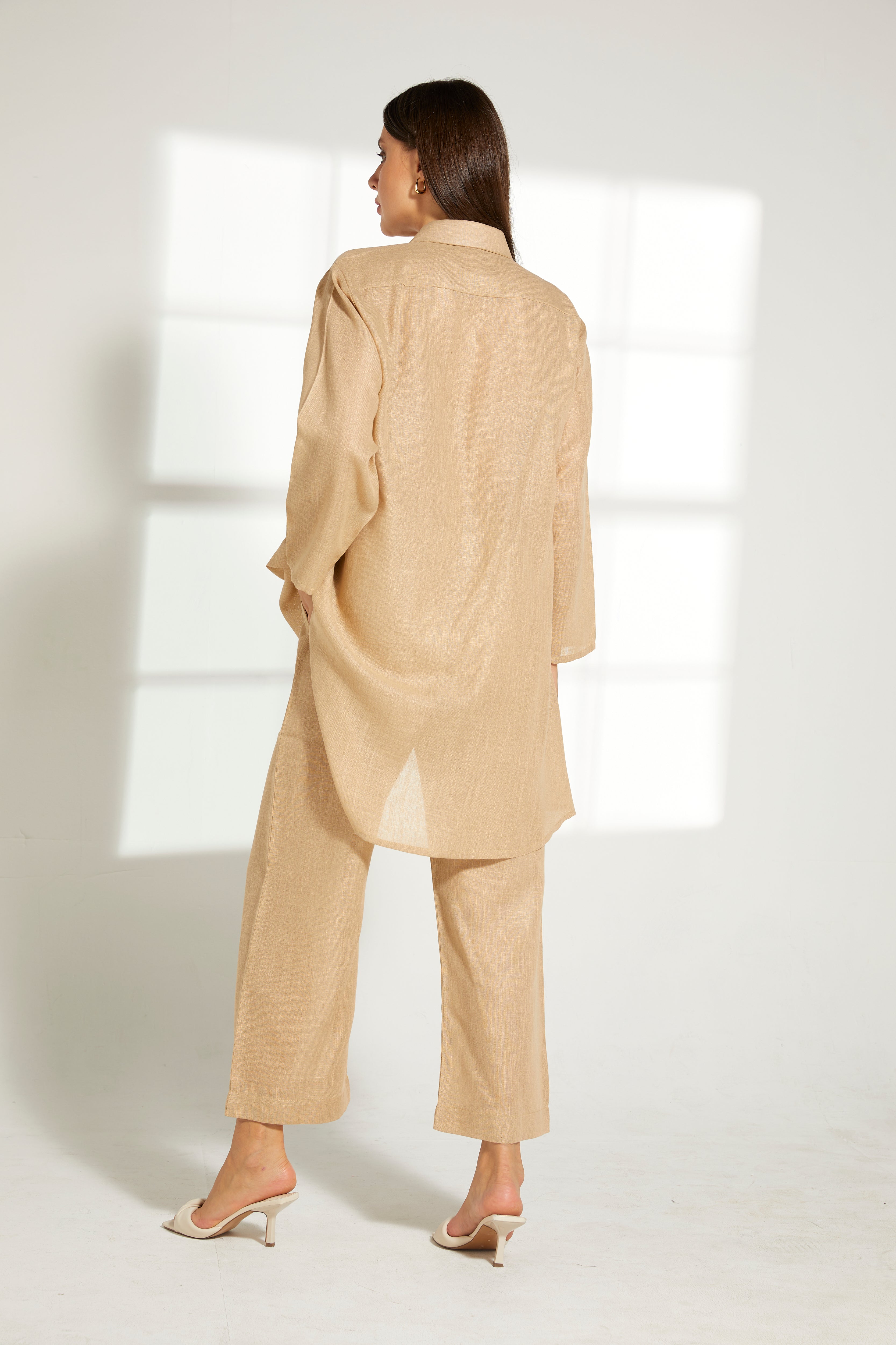 MOiSTREET Beige Linen Fabric Top and Pants Set