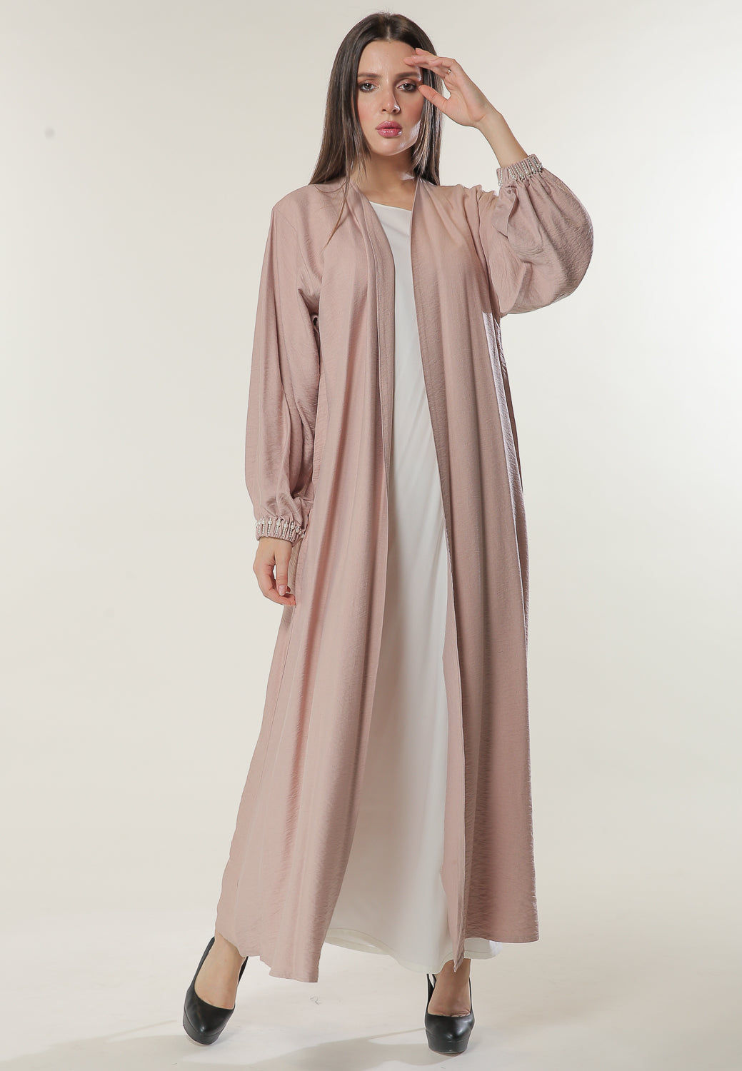 MOiSTREET Pink Abaya with Beadwork on Elasticated Sleeves