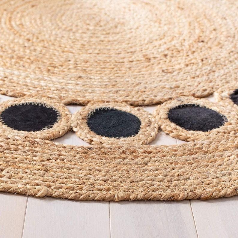 Handmade Natural Jute Area Rug with Black Dot Border | Eco-Friendly Textured Floor Carpet for Living Room & Bedroom