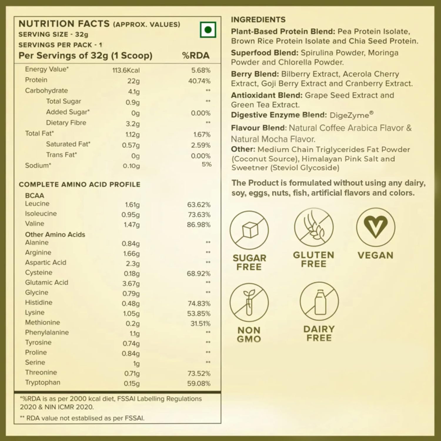 Wellbeing Nutrition Organic Vegan Plant Protein Isolate Powder Italian Cafe Mocha - 32gm