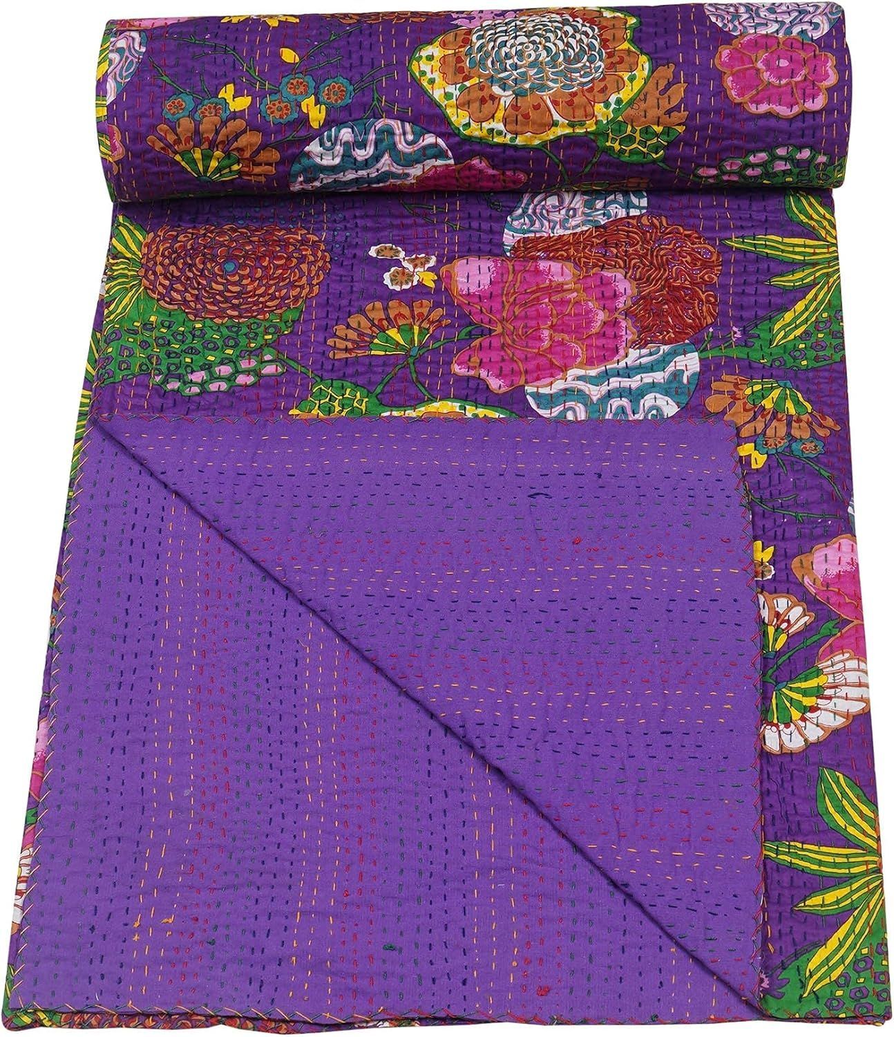 Purple Kantha Quilt Handmade Cotton Blanket | Floral Indian Bedspread for Home Decor