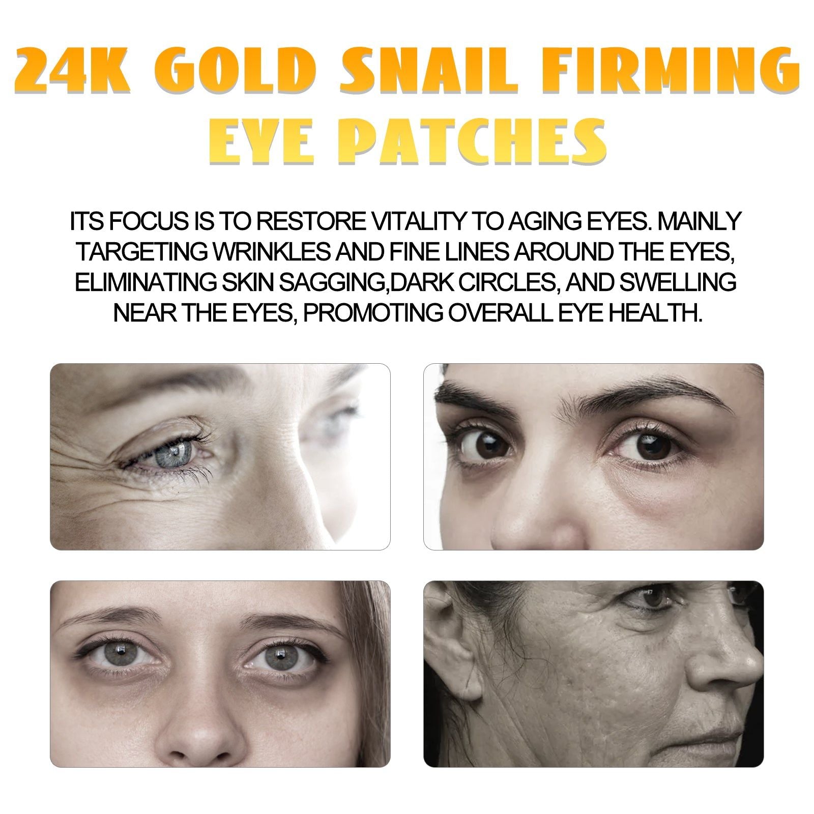 24K Gold Snail Eye Patches, Lift and Tighten Skin, Reduce Wrinkles, Brighten Eyes ,60pcs