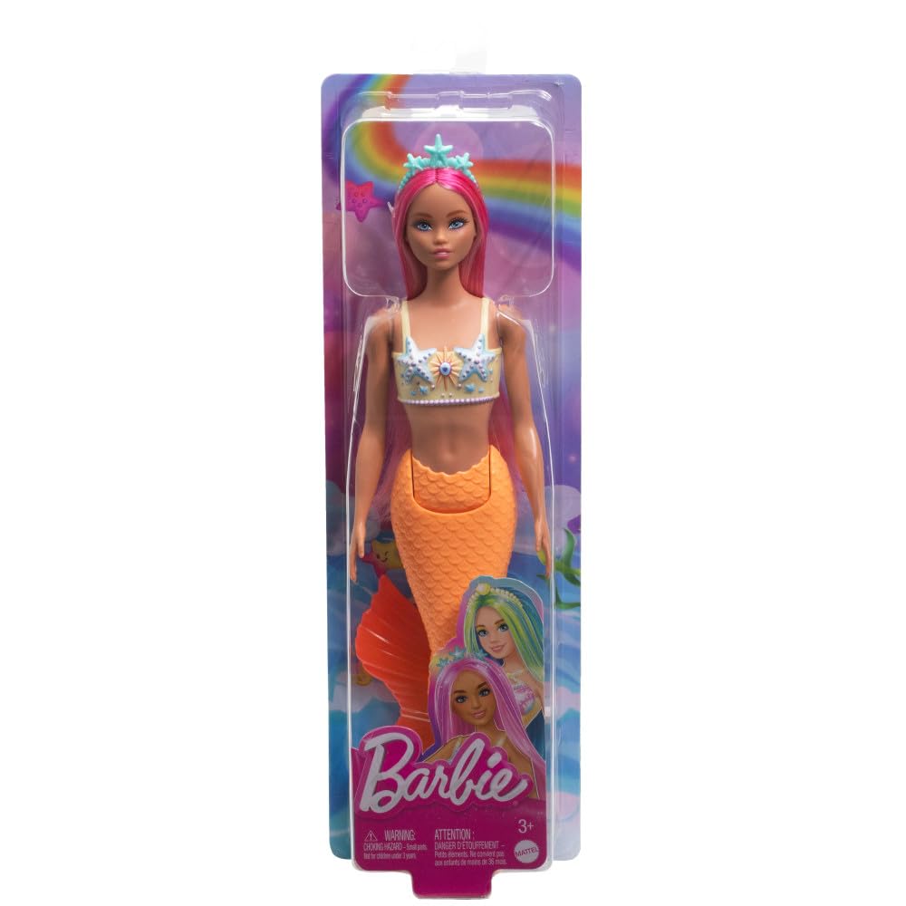 Barbie Mermaid Doll with Pink Fantasy Hair & Headband, Starfish Bodice, Pastel Orange Tail, 3+ Years, 30cm