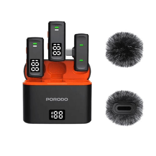 PORODO-Wireless Collar Double Microphone with Charging Case And lightning Adapter-Black