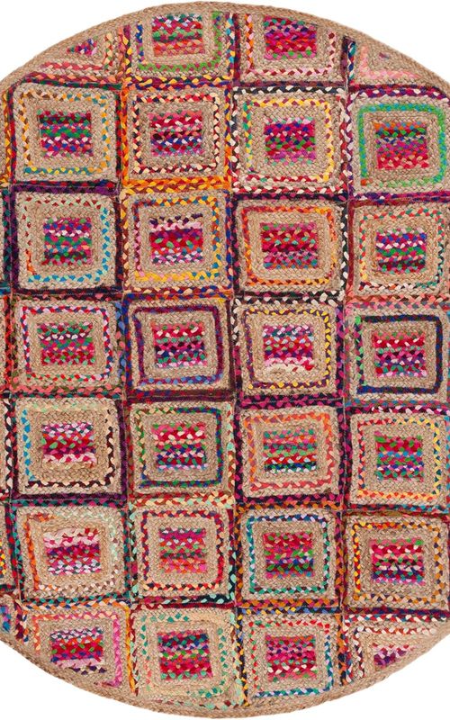 Multicolor Cotton & Jute Round Rug Square Pattern | Handwoven Boho Geometric Area Rug
