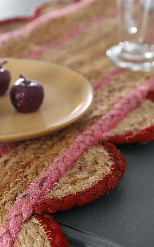 Indian Handmade Scalloped Natural Jute Pink and Red Border Dining Table Runner