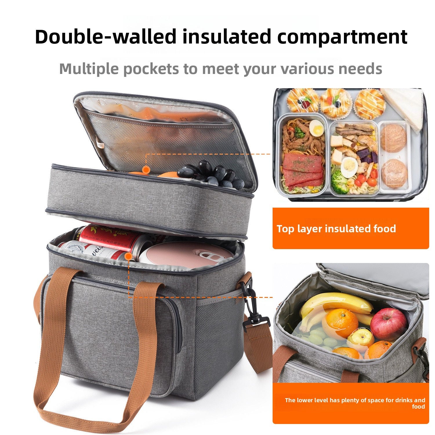 Double Layer Waterproof Insulated Lunch Bag with Shoulder Strap