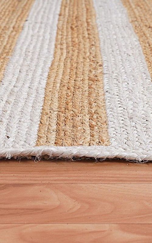Natural Jute Rug with White Stripes | Handwoven Rectangular Minimal Carpet
