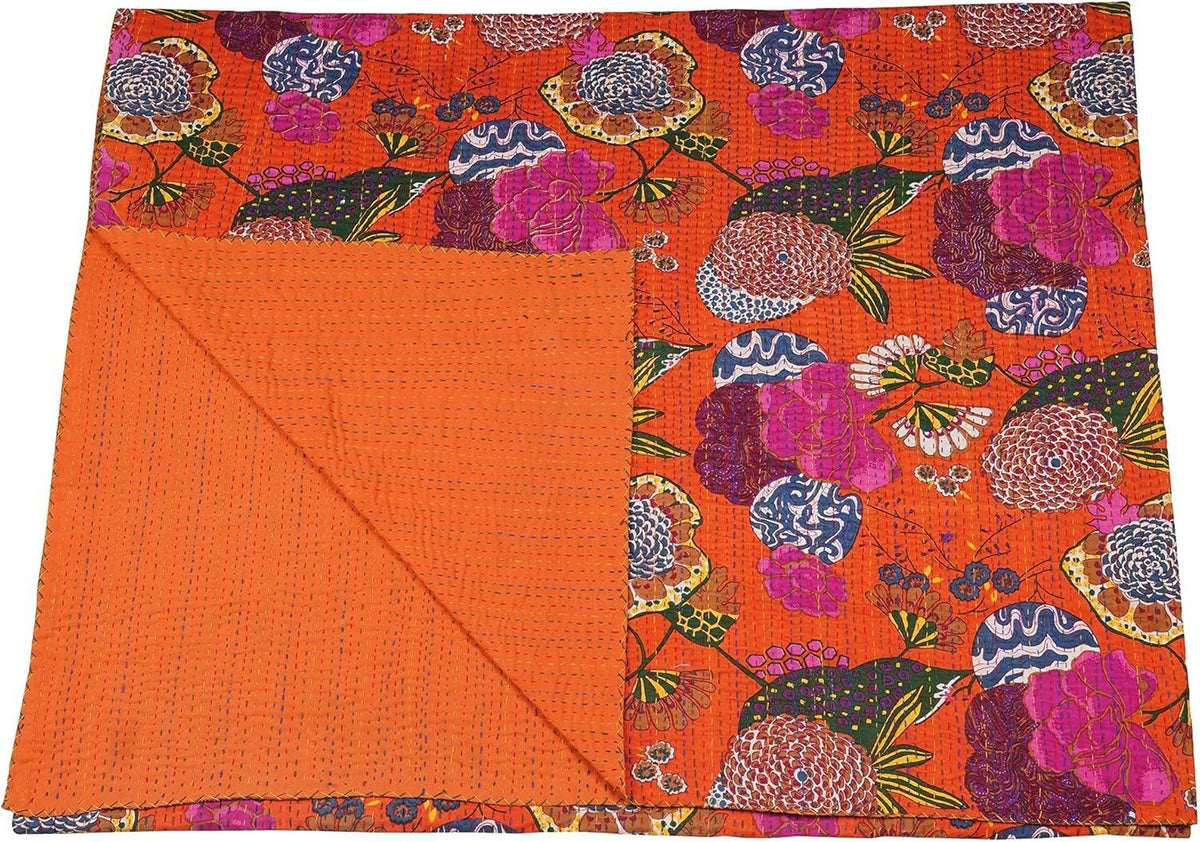 Orange Floral Kantha Quilt Cotton Bedspread | Handmade Indian Lightweight Blanket