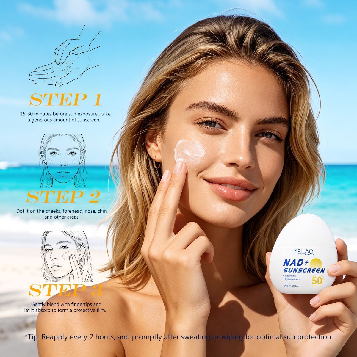 NAD+ SPF50 Daily Body Sunscreen Lotion, Non-Greasy Lightweight Sun Protection Cream 50ml
