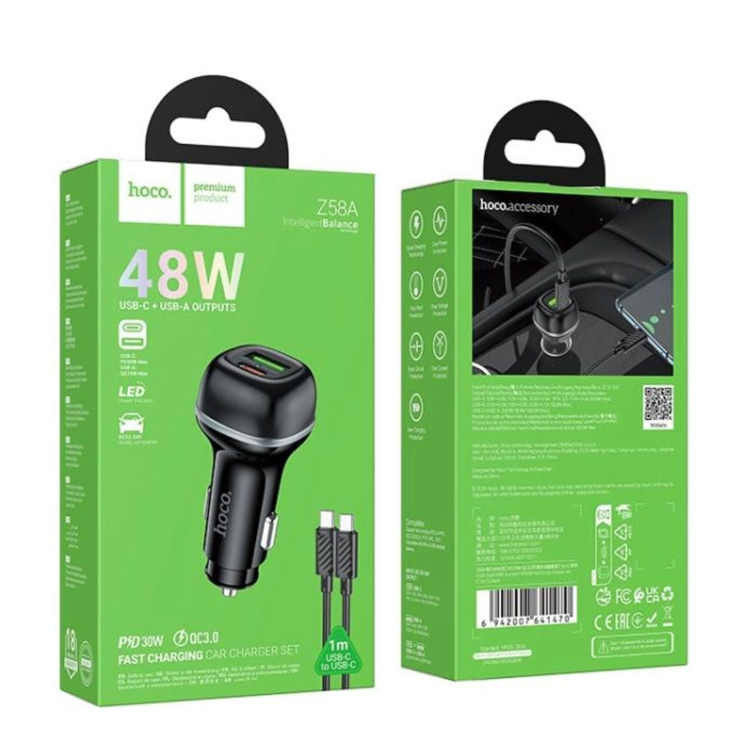 Hoco Z58A Rank Dual Port PD30W + QC3.0 Car Charger Set with Type-C to Type-C Cable