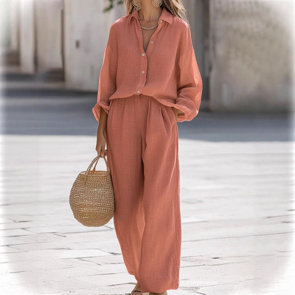 Women's Cotton Casual Lapel Shirt & Long Pants Set