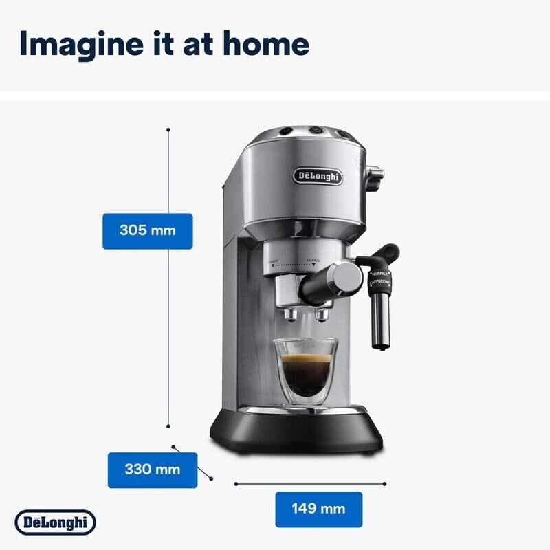 De'Longhi Dedica Style Pump Espresso Machine, 15-Bar Pressure, Milk Frother, Silver