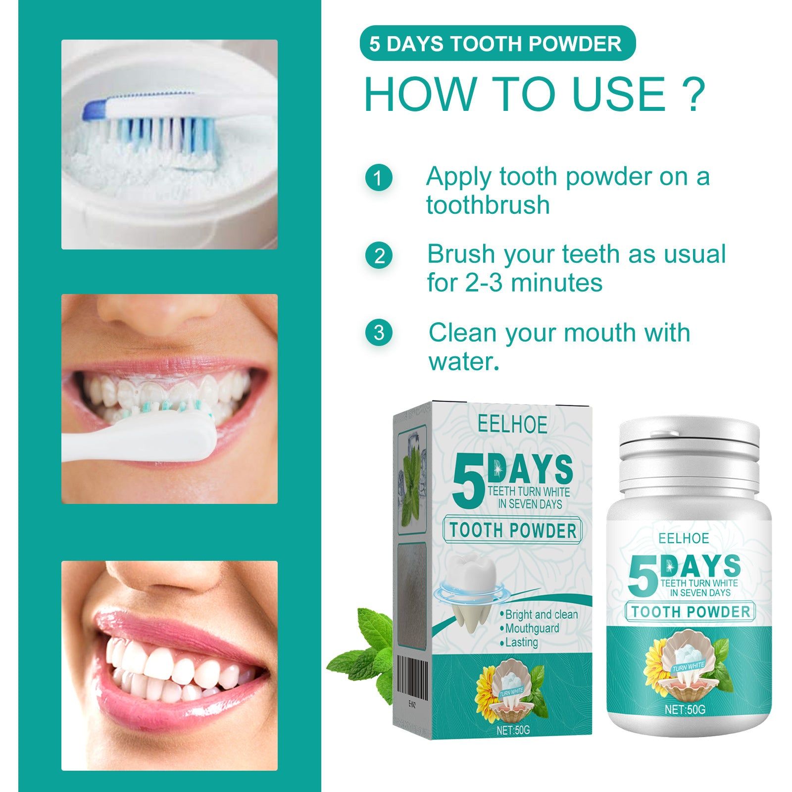 5 Day Whitening Tooth Powder, Remove Dirt, Freshen, Brighten White Teeth, Natural Smile ,50g