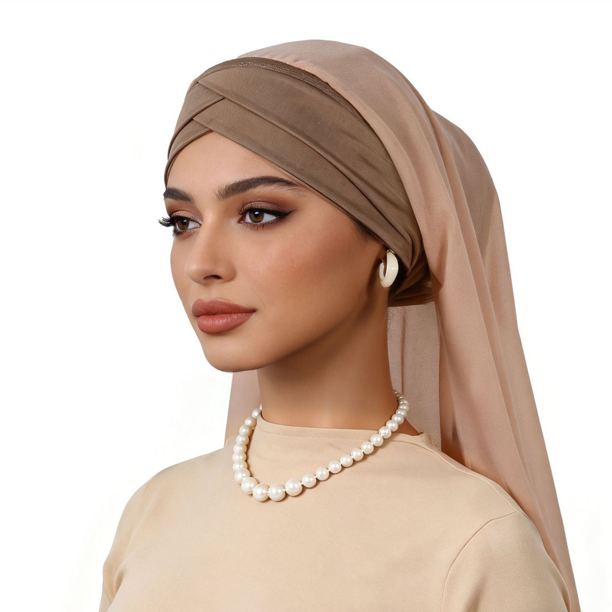Nude Beige Cross Front Hijab Set with Chiffon Shawl