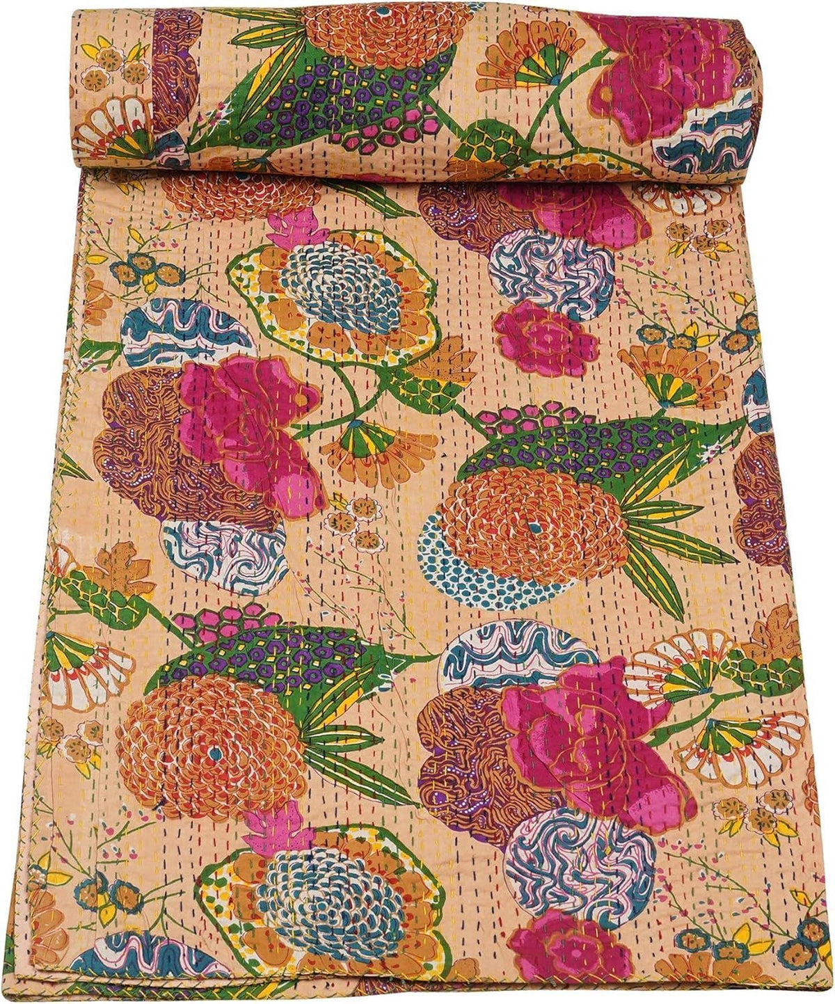 Beige Floral Kantha Quilt – Handmade Cotton Bedspread, Reversible Indian Kantha Blanket, Lightweight Throw