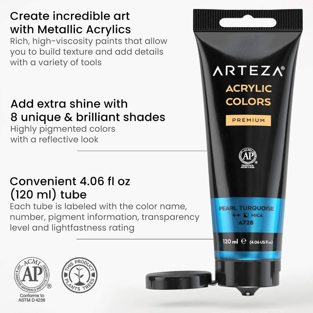 Arteza Metallic Acrylic Artist Paint Set Classic, 8x120ml