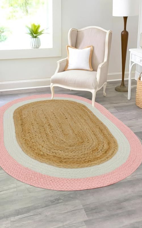Pink & White Border Oval Jute Rug | Handmade Natural Fiber Area Rug for Living Room & Bedroom
