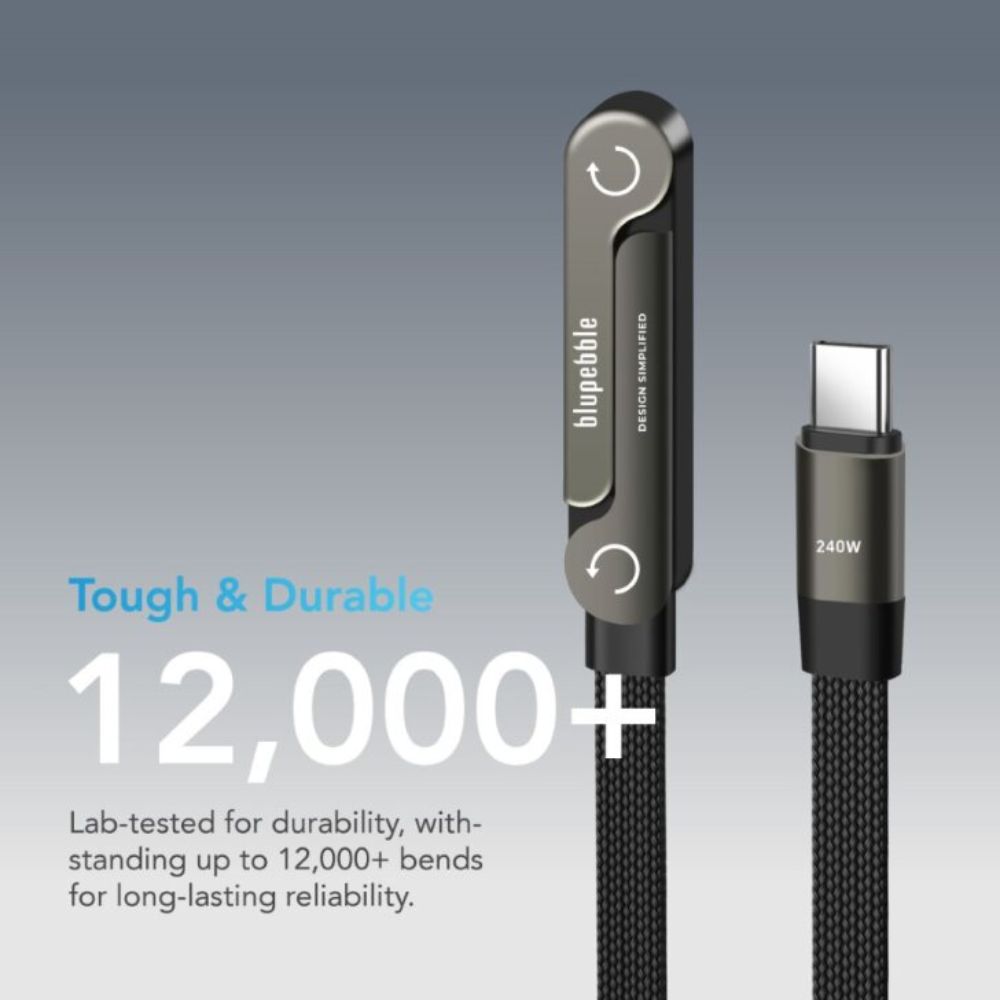 Blupebble PowerFlow USB-C to USB-C Flat Braided Cable With Stand, 40Gbps Data Transfer, PD 240W, Black/Grey