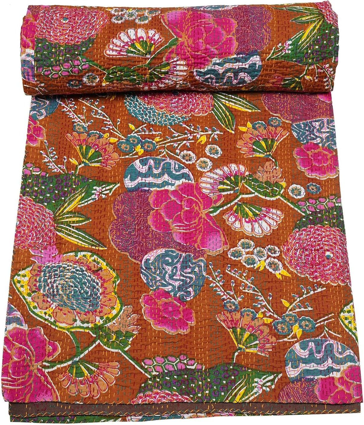 Handmade Brown Kantha Quilt – Floral Cotton Bedspread | Vintage Indian Kantha Blanket