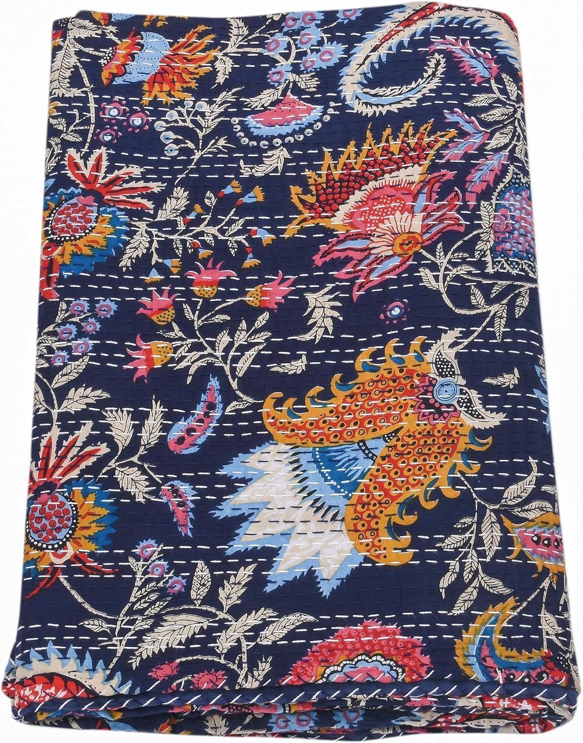 Handmade Kantha Quilt Blanket – Blue Floral Print | Reversible Pure Cotton Indian Vintage Throw