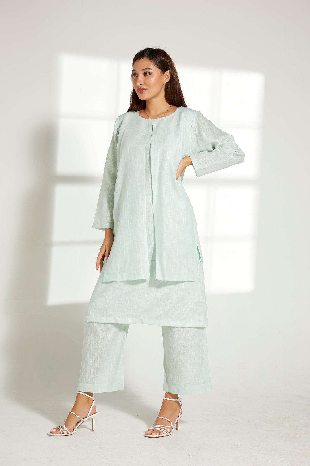 MOiSTREET Sea Green Linen Fabric Top and Pants Set
