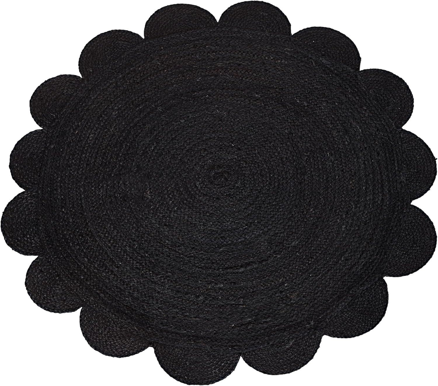 Black Round Jute Rug Scalloped Edge Handwoven Carpet | Modern Boho Floor Decor