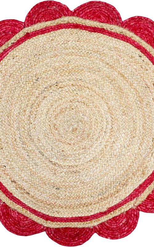 Handmade Natural Jute Area Rug with Red Scalloped Border – Round Boho Floor Carpet for Living Room & Bedroom