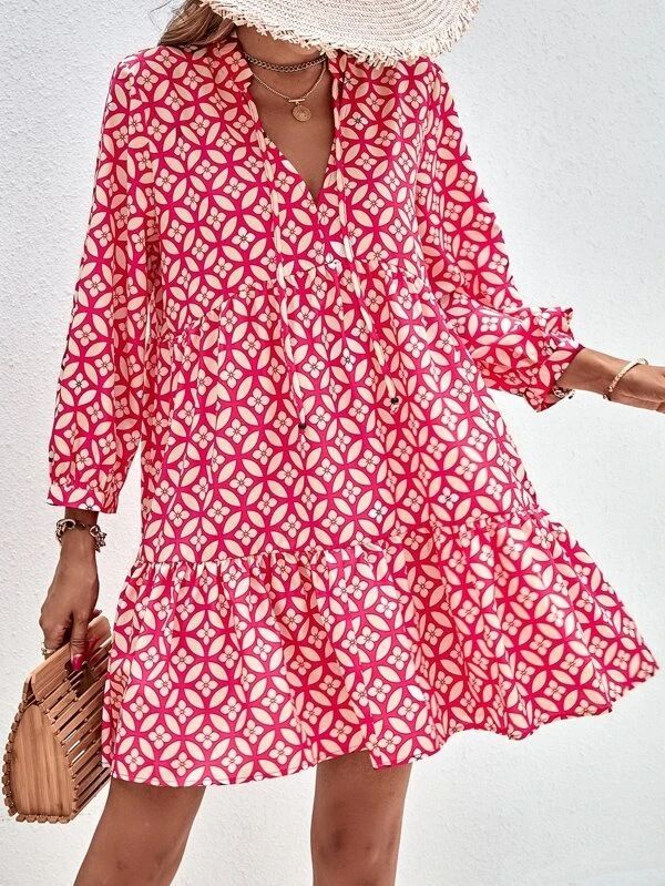 Women's Floral Printed V-Neck Long Dress with 3/4 Sleeves