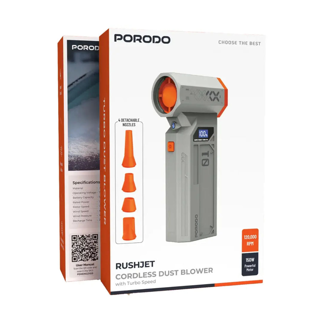 Porodo Rushjet Cordless Dust Blower with Turbo Speed, Gold/Orange
