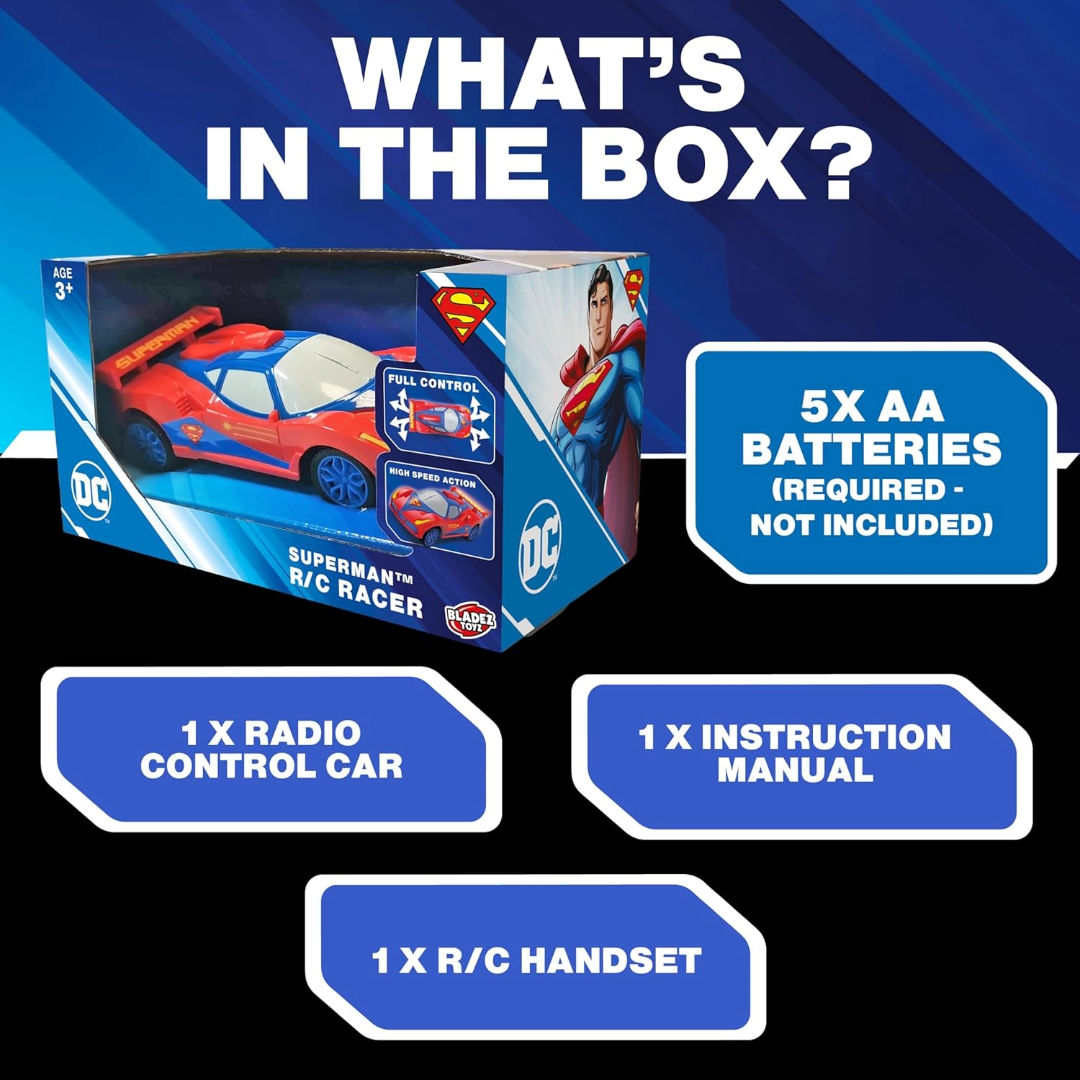 Bladez Toyz DC Superman Superman RC Racer Car 1:28, Red/Blue, 3+ years