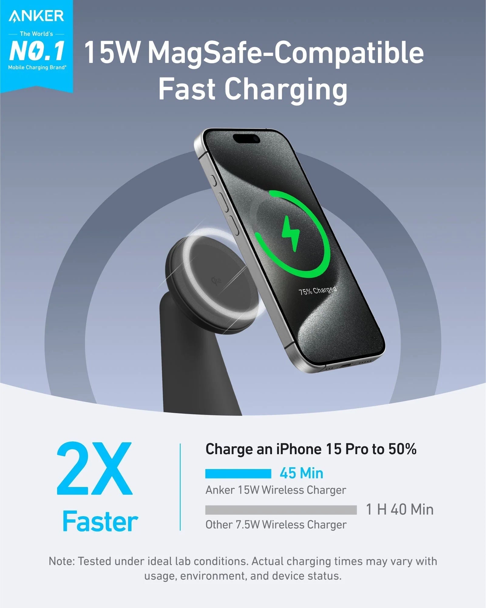 Anker MagGo 2-in-1 Qi2 Wireless Charger Stand, 15W Magnetic Fast Charging Dock for iPhone & AirPods