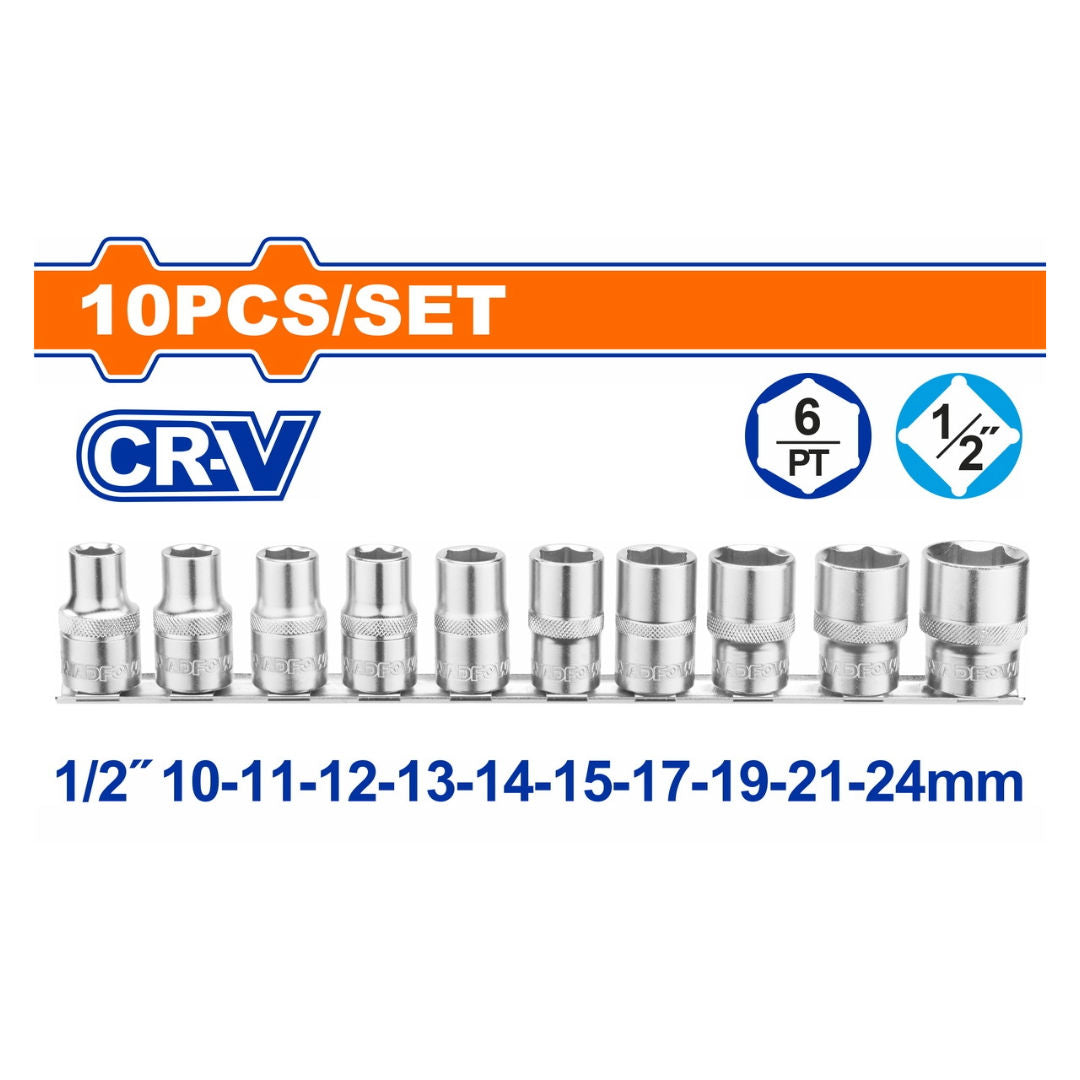 WADFOW 10 Pieces 1/2" Socket Set (Hex), 10–24 mm