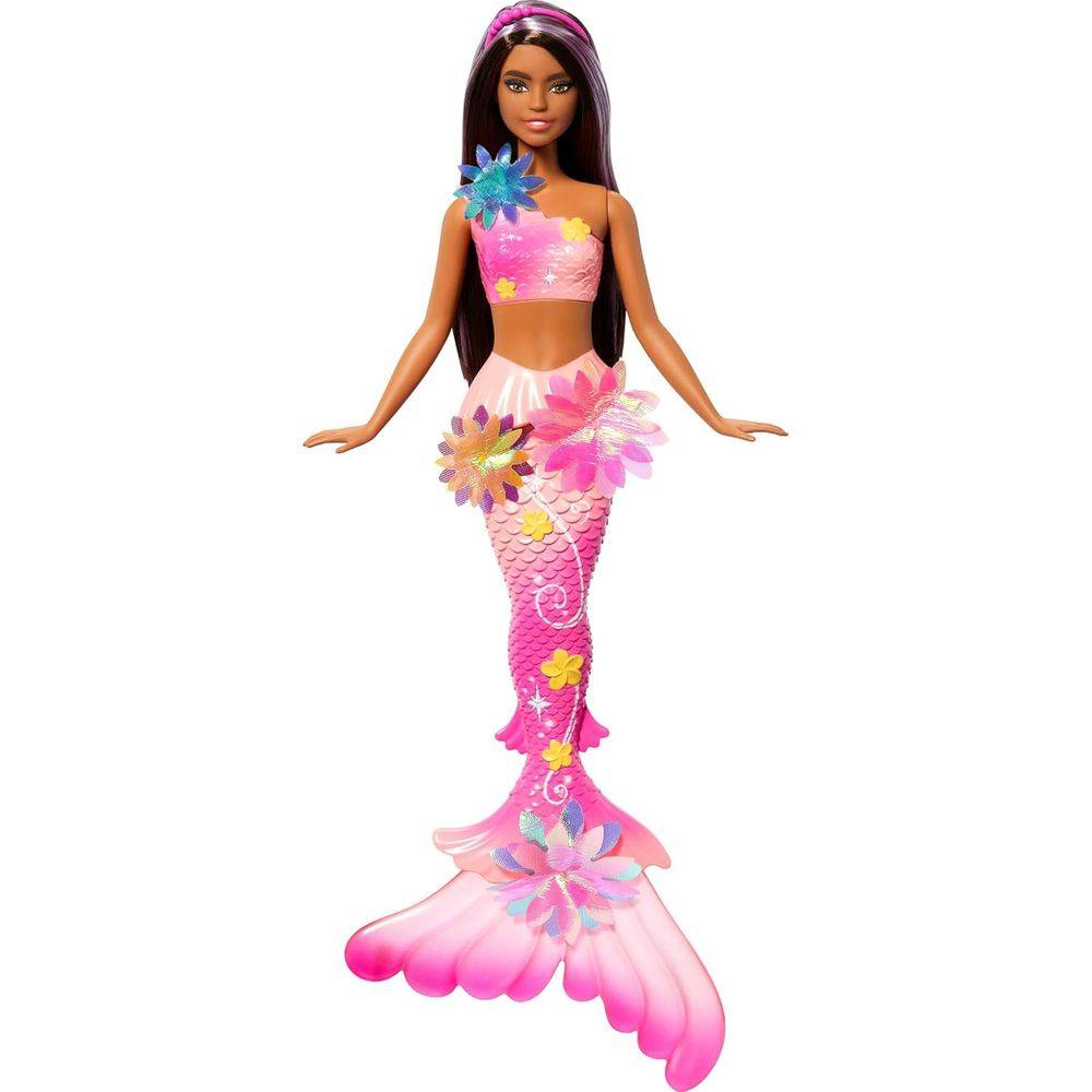 Barbie Mermaid Doll with Magical Blooming Flowers, Gradient Tail, Pearl Headband & Brown Hair with Purple Highlights, Model JDM73