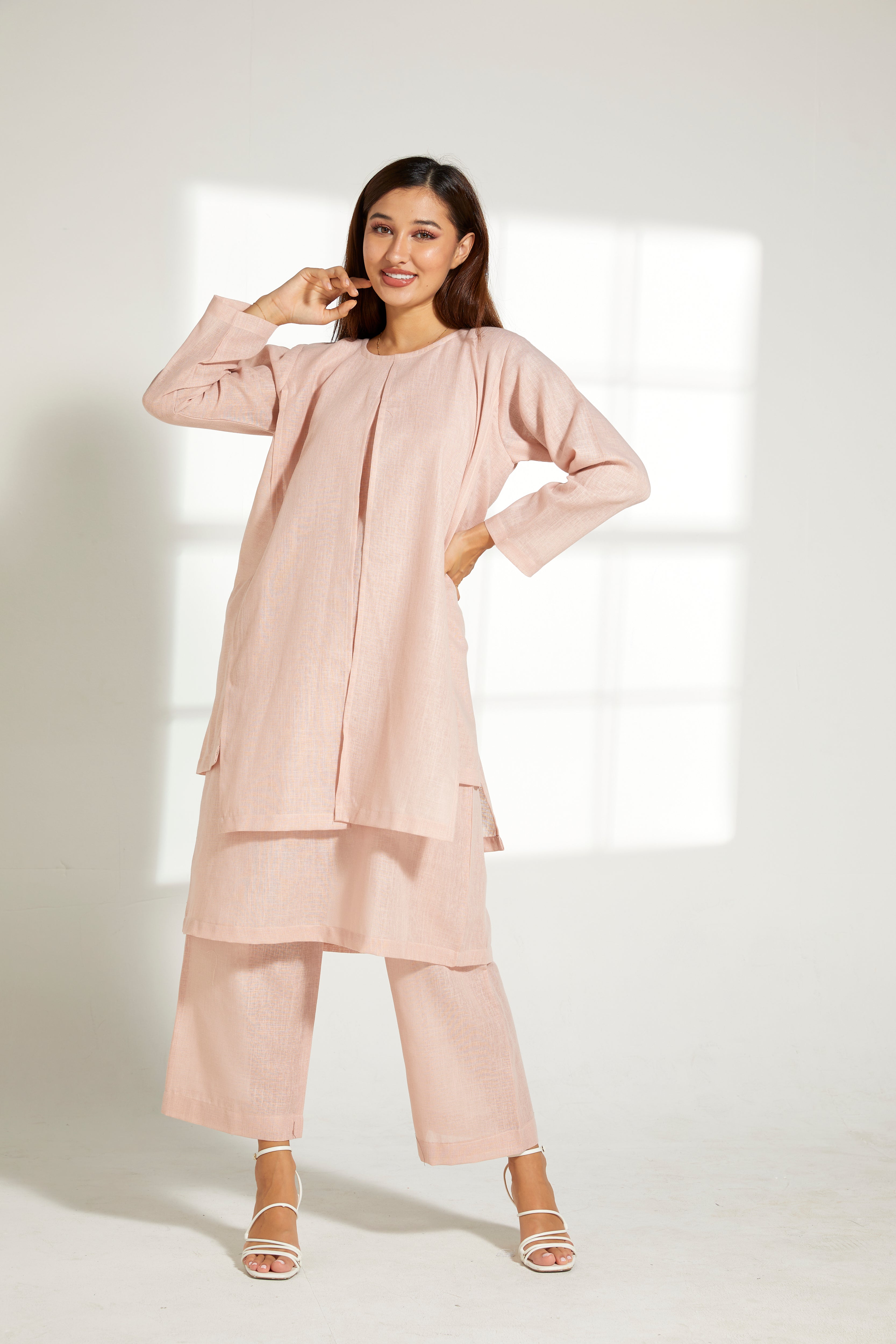 MOiSTREET Peach Linen Fabric Top and Pants Set