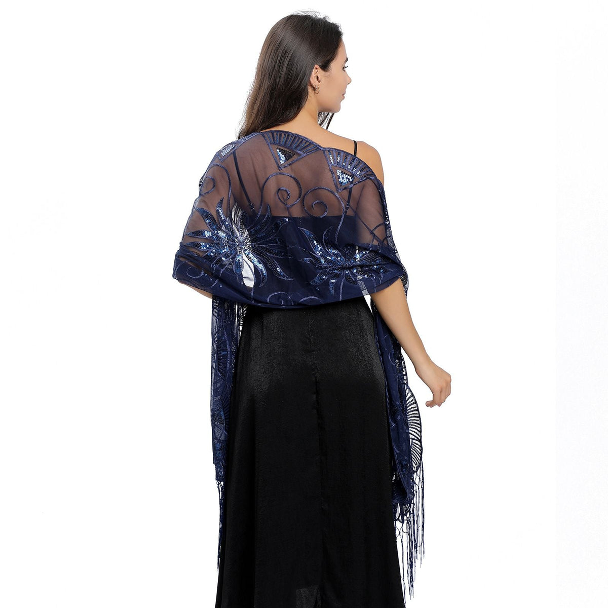 Black Silver Sequin Embroidered Shawl Wrap for Women