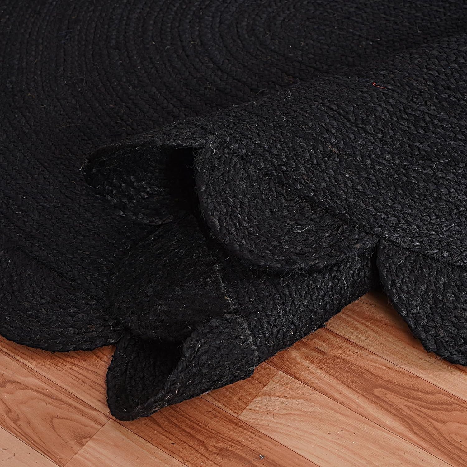 Black Rectangular Jute Rug Scalloped Edge Handwoven Carpet | Modern Boho Floor Rug