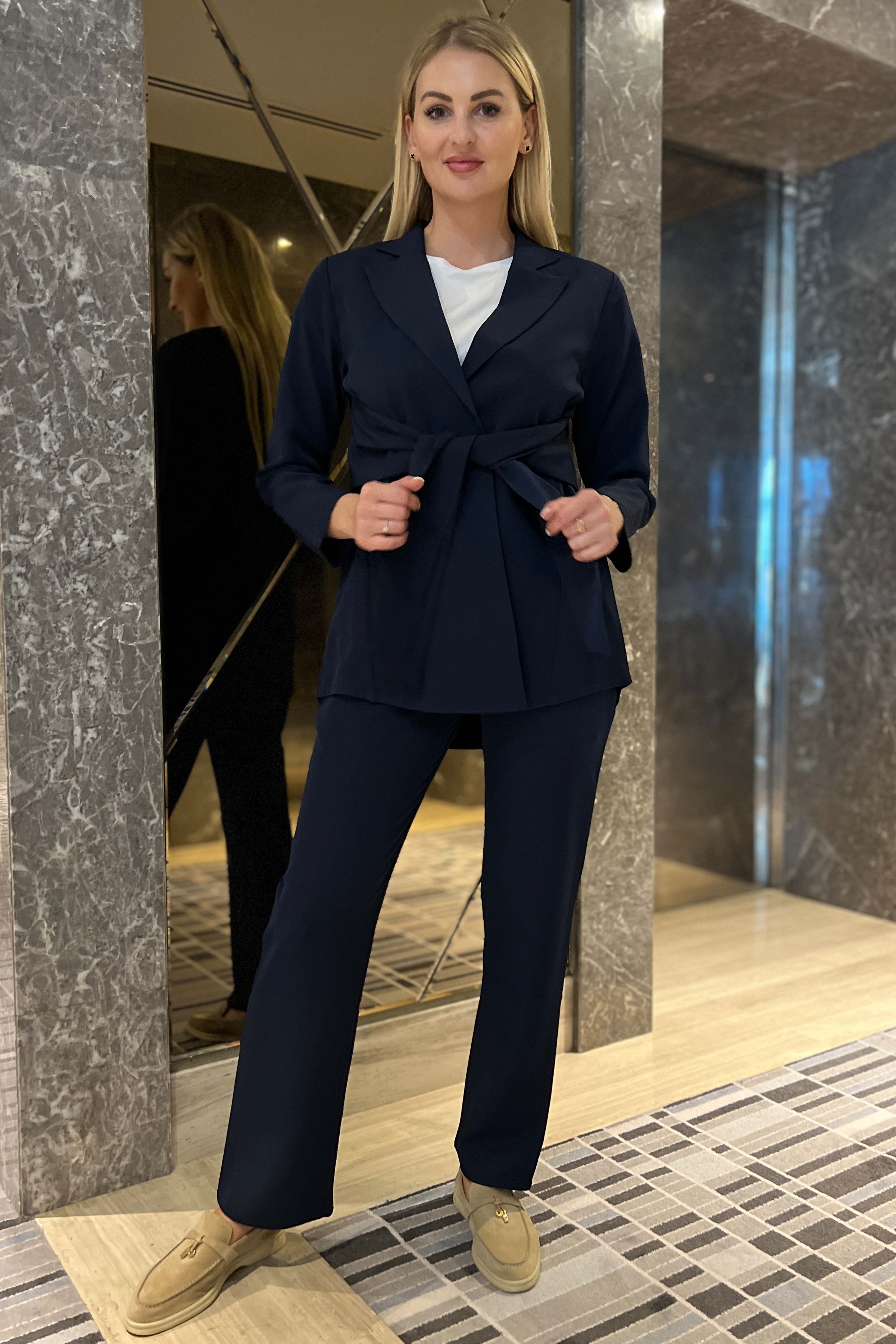 MOiSTREET Navy Barbie Crepe Fabric Blazer and Pants Set