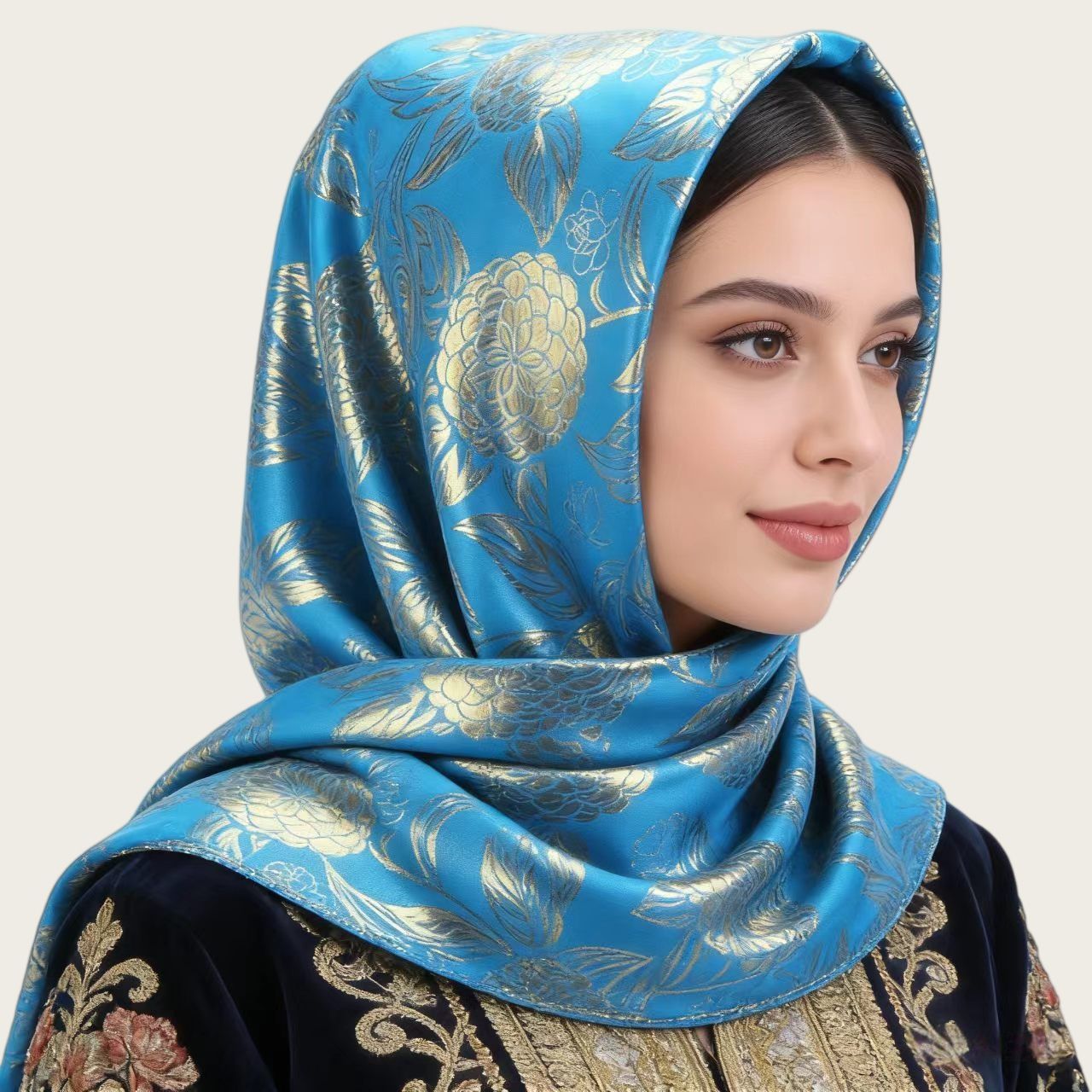 Pink Gold Silk Jacquard Square Hijab Scarf for Women 90cm