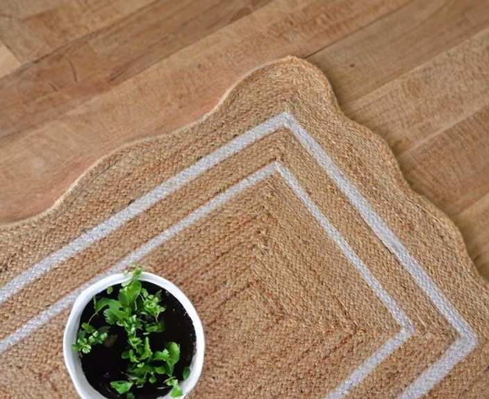 Scalloped Rectangle Jute Rug with White Border Lines | Handmade Natural Area & Runner Carpet