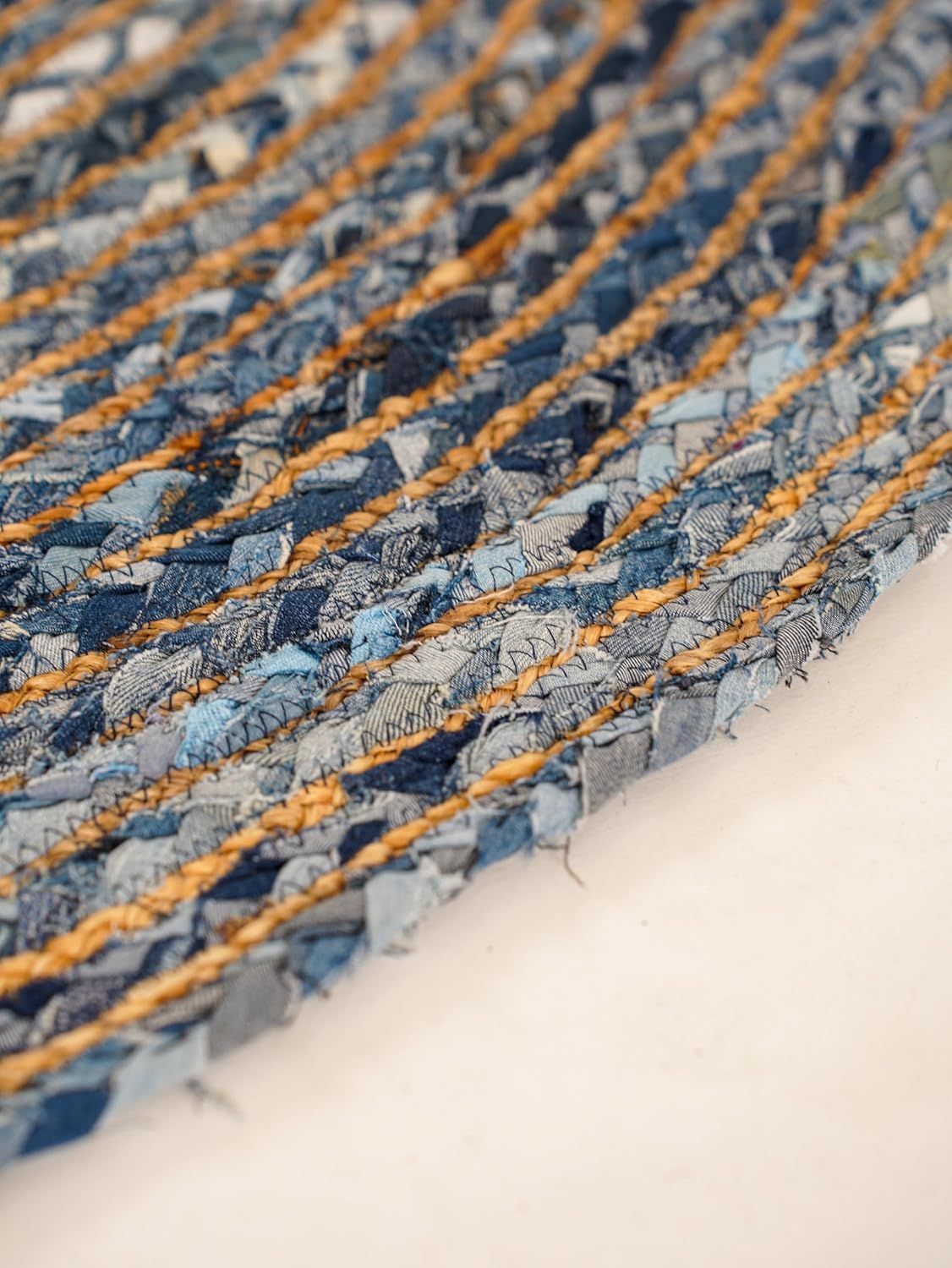Round Denim & Jute Rug Spiral Pattern | Handwoven Blue Natural Fiber Area Rug