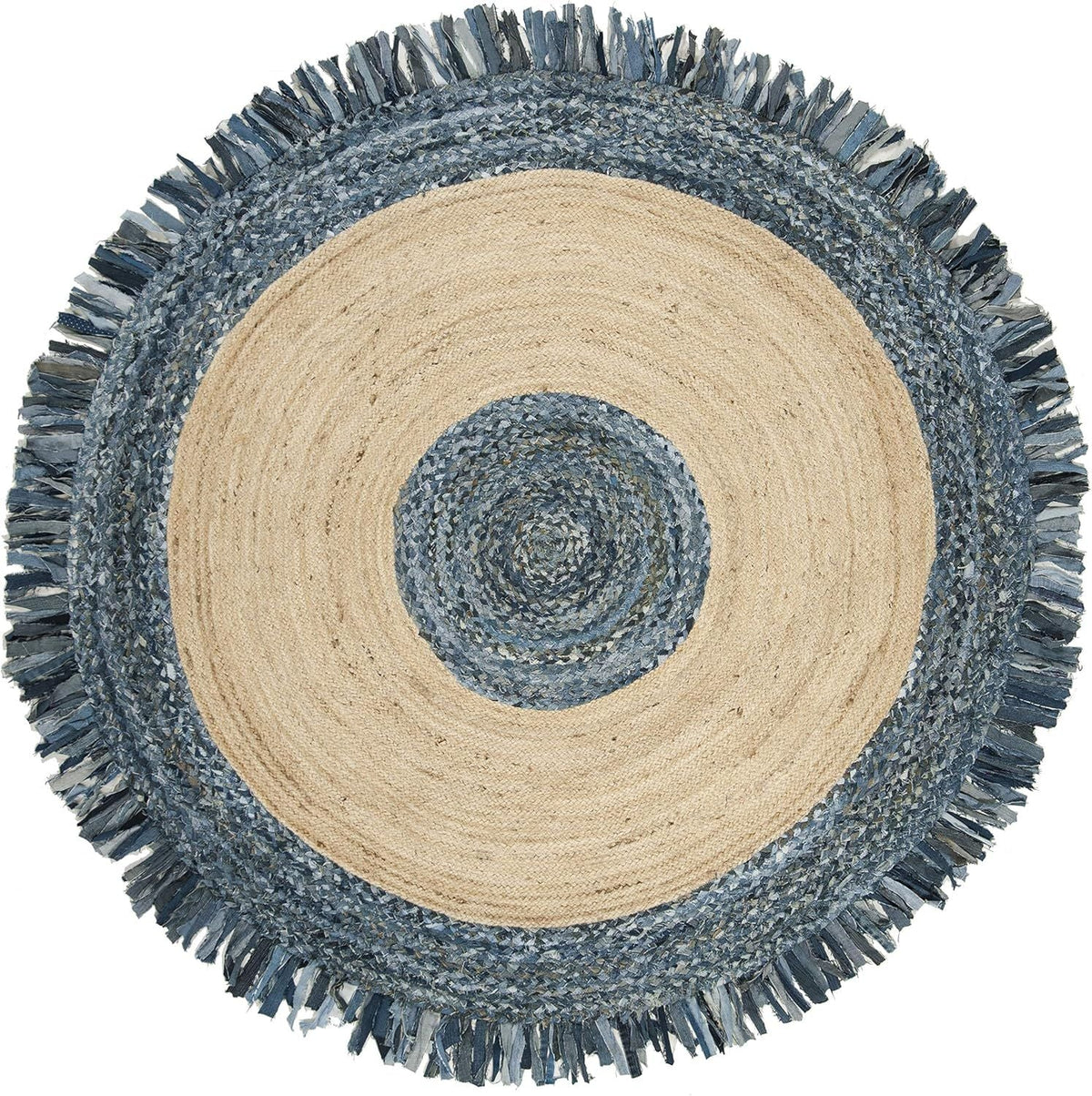 Round Denim & Jute Rug with Fringe | Handwoven Natural Fiber Boho Area Rug