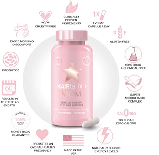 HAIRtamin Mom Vegan Prenatal Natural Multivitamin for Expecting Mothers with Biotin, Probiotics, Vitamin B-6, Iron, Best Post-Natal