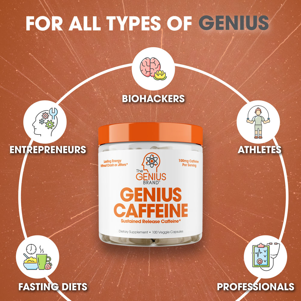The Genius Brand Caffeine Sustained release 100mg Servings per container 100 Capsules