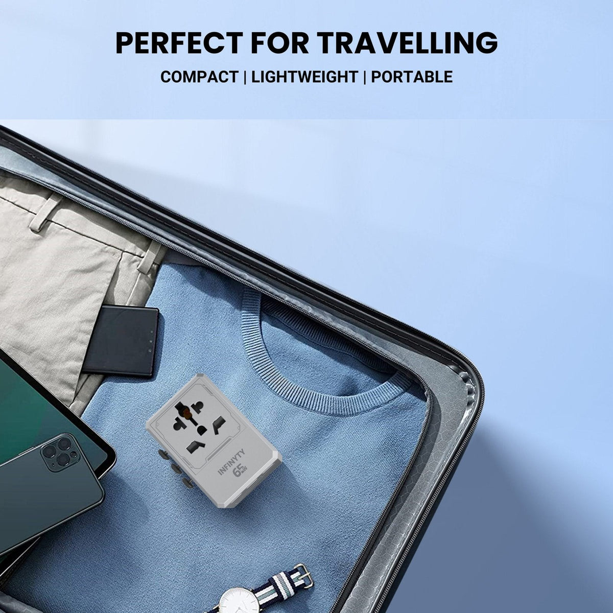 Infinyty Y127-Max PD65W Universal Travel Adapter, 65W GaN Atlas65, Silver